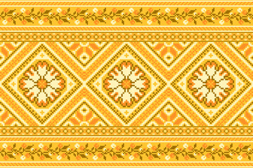 flower embroidery on orange background. ikat and cross stitch geometric seamless pattern ethnic oriental traditional. Aztec style illustration design for carpet, wallpaper, clothing, wrapping, batik.