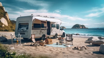 Foto op Canvas A Top Summer poster banner template for promotion with stone display stand and beach background, camping car and seaside recreation equipment. © Phoophinyo
