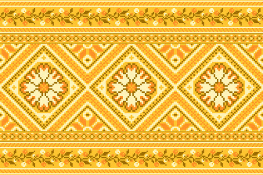 flower embroidery on orange background. ikat and cross stitch geometric seamless pattern ethnic oriental traditional. Aztec style illustration design for carpet, wallpaper, clothing, wrapping, batik.