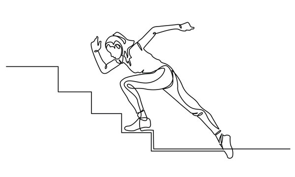 single continuous line drawing of a young woman running on stairs.
