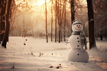 Obraz premium Winter wonderland delight. Smiling snowman in frosty landscape. Frosty festivities. Playful enjoying snowfall. Tranquil scene with happy friend