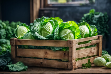 Green fresh cabbage in wooden boxes in the utility room