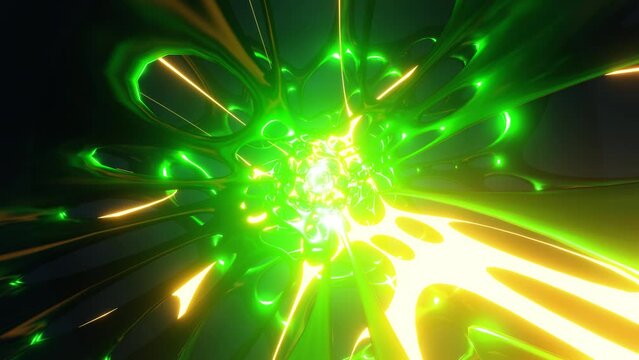 Sci-fi bright glowing neon tunnel seamless loop. 4K animation graphics vj abstract background.