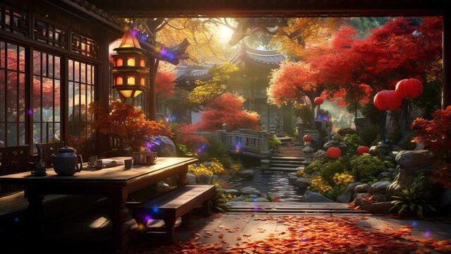 Tea House with Shoji Panels Set Amongst Fall's Vibrant Maple Garden. Seamless Animation Video Background in 4K Resolution – Mesmerizing Display.