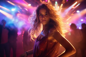 Fototapeta na wymiar Portrait of young beautiful woman dancing in night club with lights.
