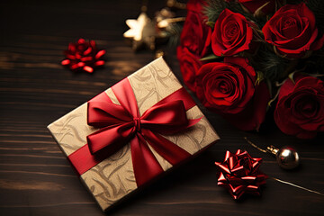 Top view of a decorative box with ribbon on wooden background and red roses, cozy atmosphere