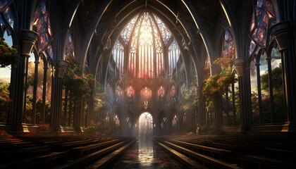 Gothic cathedral, illuminated stained glass, ancient architecture, spirituality inside generated by AI