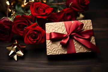 Decorative box with ribbon on wooden background and red roses in cozy atmosphere