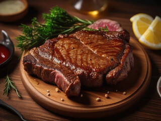 Sliced ​​flank steak cooked medium on a charcoal grill. Juicy pieces of Rib Eye beef steak in a pan on a wooden board with a fork and knife, spices and salt.