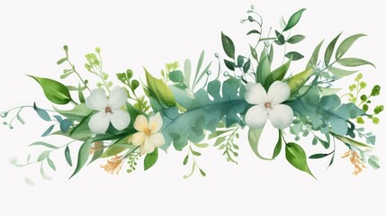 A Watercolor of green leaves, spring flowers and floral elements isolated on transparent png background. Large copy space for design.