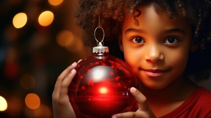 A portrait of black girl in a red dress decorates a Christmas tree with a glass red ball