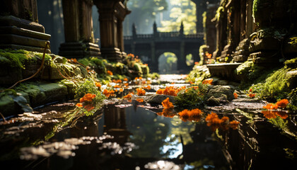 Tranquil scene ancient ruins reflect in multi colored autumn pond generated by AI