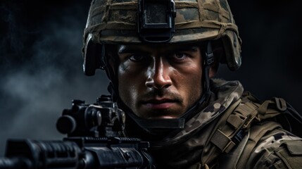 Fototapeta premium A soldier with combat uniform, helmet and visor, machine gun, special