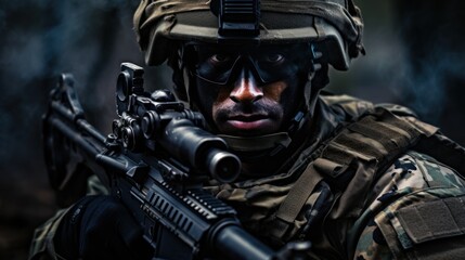 A soldier with combat uniform, helmet and visor, machine gun, special