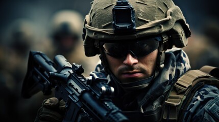Naklejka premium A soldier with combat uniform, helmet and visor, machine gun, special