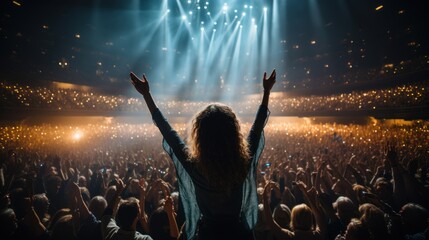 a young woman giving music concert performance in a huge crowded stadium arena hall on a stage.
