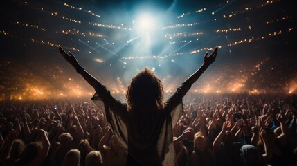 a young woman giving music concert performance in a huge crowded stadium arena hall on a stage. - obrazy, fototapety, plakaty