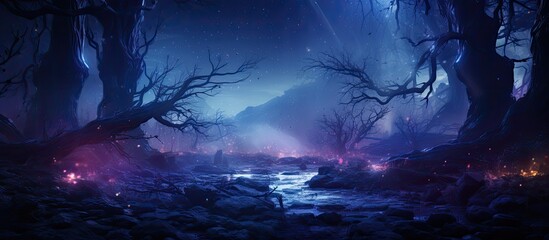 Enchanting forest at night with glowing lights fog and floating particles - obrazy, fototapety, plakaty