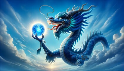 blue dragon in sky - obrazy, fototapety, plakaty