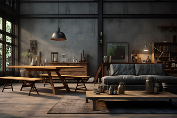 Interior of the house room modern atmosphere, in the style of matte background, rustic texture, concrete wall, wood floor - obrazy, fototapety, plakaty