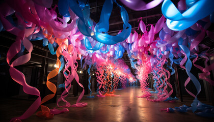 Fototapeta na wymiar Vibrant colored celebration, fun party, illuminated nightclub, dancing motion generated by AI