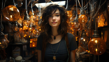 Obraz premium Young woman, confident and elegant, standing indoors, smiling at camera generated by AI