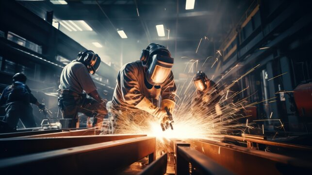 A Heavy industrial engineering factory interior with industrial workers wearing protective clothing using angle grinders and cutting metal pipes.