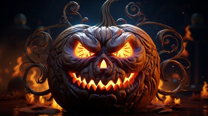 An intricately designed pumpkin face with a haunting and eerie look, brightly illuminated and contrasting with a deep and moody multicolor background, evoking the spookiness of Halloween