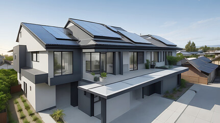 Modern house with solar panels. New suburban house with photovoltaic system on roof. Eco friendly passive house with landscaped yard.