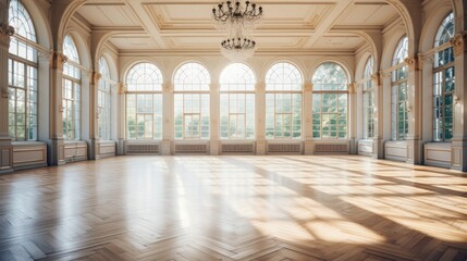 Fototapeta na wymiar Big Empty room in light colors, big windows, vintage style.