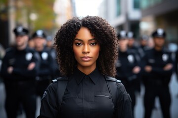Fototapeta premium Black woman, police and arms crossed in city for law enforcement protection or street safety.