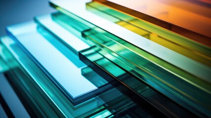 Laminated glass sheets stack. Decorative colored window material sample