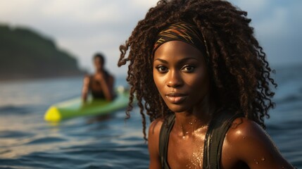 African woman surfer lying on her surfboard and paddling