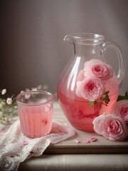 Rose water from roses in a transparent jug with a glass on