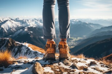 Feet in woollen socks by the Alps mountains view. Woman relaxes by mountain view with a cup of hot drink. Close up on feet.