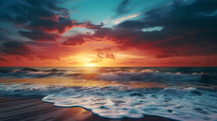 Fototapeta premium Colorful sunset and waves on the beach poster web PPT background