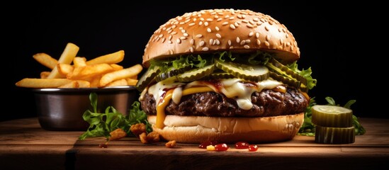 A big burger on a wooden board topped with fries and green chilies