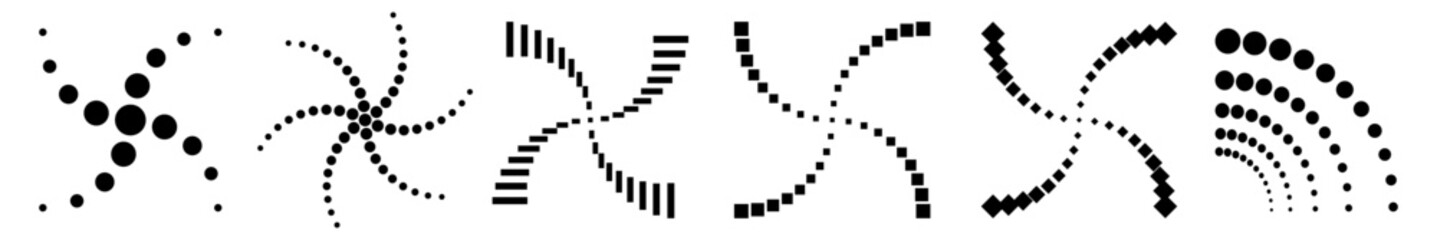 Set of halftone geometric symbols collection, abstract geometric dotted shapes. Swirling shapes. Vector black icons isolated on white background.