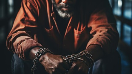 Handcuffs, arrested criminal and black man with stress, worry and anxiety in police station for crime. - obrazy, fototapety, plakaty