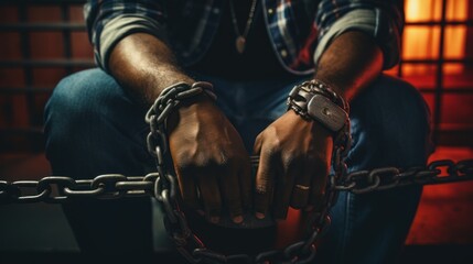 Fototapeta na wymiar Handcuffs, arrested criminal and black man with stress, worry and anxiety in police station for crime.