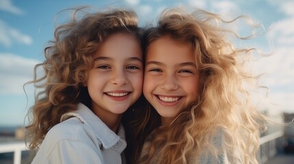 Fototapeta premium Lovable caucasian girls expressing positive emotions to camera.