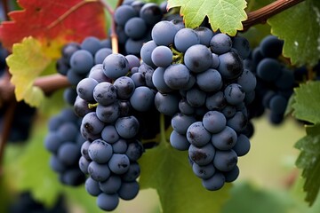 A cluster of grapes with dark-colored berries mixed with green leaves on a vineyard plant. Generative AI