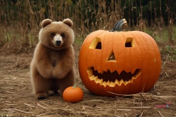 An image of a cute bear standing next to a large pumpkin. Generative AI