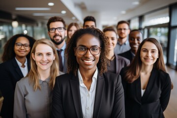 Portrait of successful group of business people at modern office looking at camera.