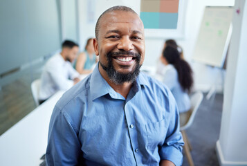 Meeting, teamwork and portrait of business black man for conversation, collaboration and...