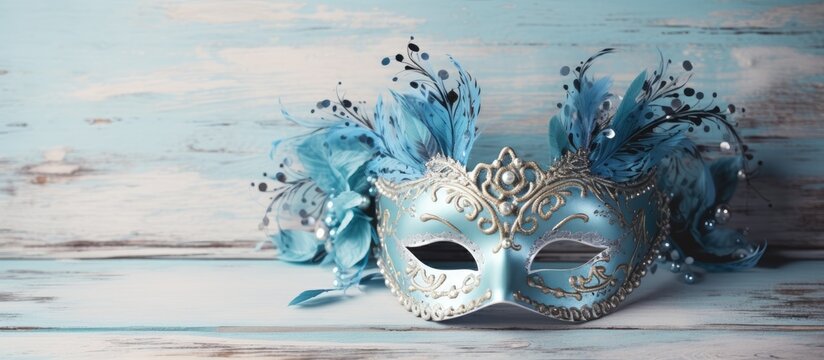 Blue Venetian mask on pastel wooden background elegant and delicate photo