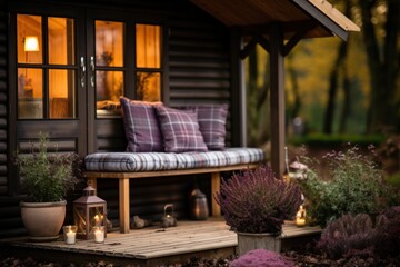 Fototapeta na wymiar Small natural color wooden cabin balcony with heather flowers, candlelight flame, soft