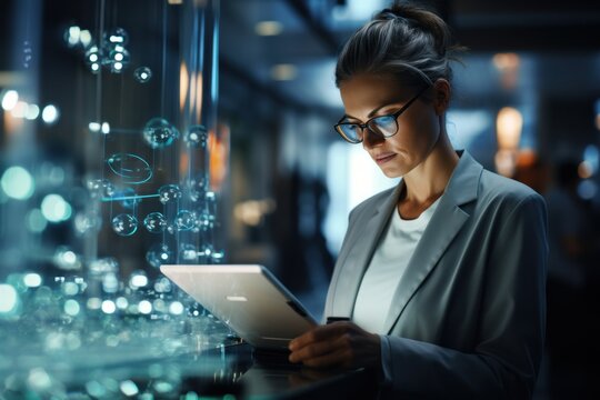 Senior female scientist with tablet and coding overlay with digital science data for medical research in laboratory Biotechnology.