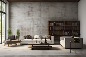 Modern Living room with white furniture and cement walls, in the style of simplicity 
