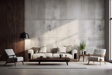 Modern Living room with white furniture and cement walls, in the style of simplicity 